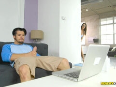 Brunette Reagan Foxx caught the guy pleasing his dick