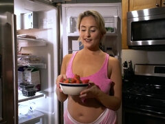 Nomnom - PAWG blonde wife plays with boobs by the fridge - tasty creamed up tits