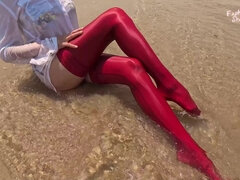 859 Shiny Red Spandex Stockings on the Beach 2