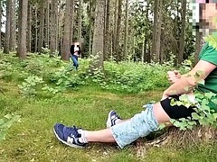 Dick Flash in the forest woman watches and masturbates. He joins sucks and I cum on her tits
