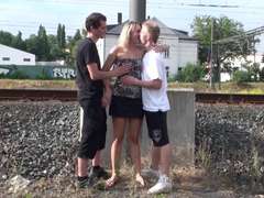A teen stud nailing his pal mother in PUBLIC by a railway