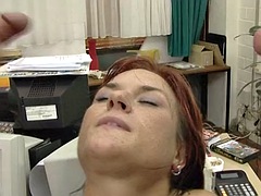 Hot secretary gets fucked by two cocks and gets a double load on her face