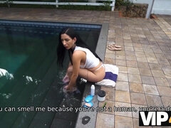 Dirty Debts with Carol Corrales - big ass wet Latina enjoys outdoor interracial fuck by the pool