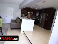 Stepgrandma watches as her petite blonde stepdaughter gets drilled by her boyfriend while her stepdad is on her face