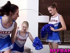 3 wonderful cheerleaders sharing one large fat cock