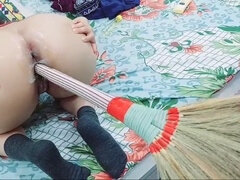 Horny desi maid experiences multiple intense orgasms while pleasuring herself with a broom (phool jhadu), loud moaning included