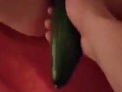 1 wife gets fucked with a big cucumber in a holiday home