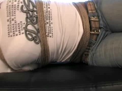 Vixen hogtied ballgagged on the couch