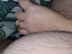 Lustful wife handjob stepson cock in bed