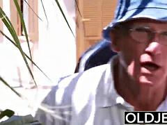 Old Man Catches Young Girlfriend Sucking His Cock Then Double Penetrates Her