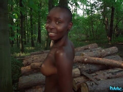 Smiley African ebony teen Zaawaadi gets her first pink penis in the woods