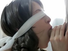 Blindfolded 18-19 year old shared by her man and his pal