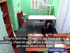 Sexy brunette patient in lingerie gets a cure for her stomachache with a double dose of cum