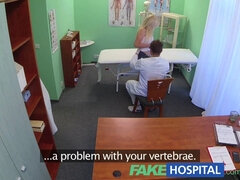 Hot blonde with huge fake tits loves getting drilled by a uniformed doctor in a hospital room