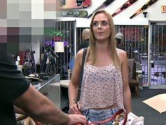 Nerdy blonde dame gets fucked hard in the shop
