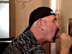 Glory hole gay daddy sucks dick before jerking off for cum