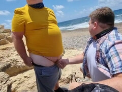 해변, 오랄섹스, 약간 뚱뚱한, 커플, 사정 샷, 나이든