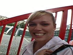 POV public amateur blonde babe sucking cock outdoors