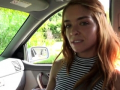 Young-looking babe blowing dick in car