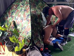 Sex in the camp. Stranger fucks a nudist in the mouth in a camping in nature