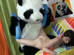 Furry panda costume man with a pink fuck pole fucks this 18-19 y.o.