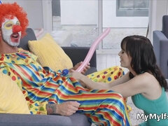 Horny housewife rides clowns hard cock