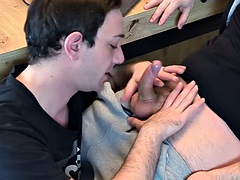 Foot worship, blowjob and cum kiss in the home office