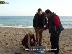Marco, Angel Black, and Xavi: Blonde Babe Performs Oral on the Beach