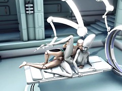 Female android plays with an alien in the sci-fi lab