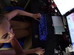 Horny gamer girl rides dildo, sucks and gets fucked while playing