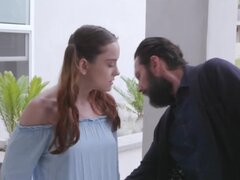 Bearded stepdad fucks the pigtailed teen talking sense into her