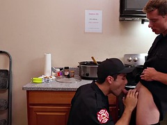 Studs in uniform enjoy anal sex without a condom until cum in the kitchen