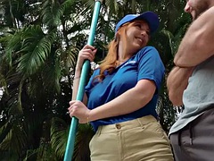 Big ass redhead anal milf rides cock outdoors in the pool