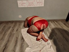 Hot slut in red, my Valentine spread her beautiful legs in front of me for a hot fisting and of course squirting
