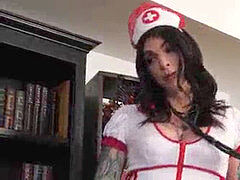 TS nurse Chelsea Marie seduces the handsome Dr Damien Thorn and they embark deep throating each others cocks before they smash each other asses too!