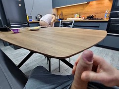 Stepsis noticed me masturbating my big cock under the table