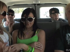 Ashli Orion and Amy Brooke give blowjobs in a minivan
