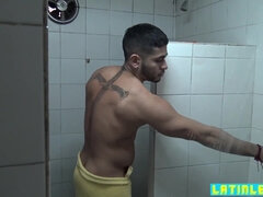 Tatted muscular tourist anal fucked in the locker room