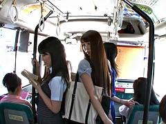 Mature japanese lesbian Emika Sakuragi seducing student Sayo Arimoto on bus scene 1