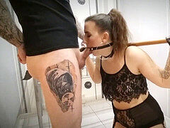 SLAVE TRAINING - corded up forearms, spider gag, spitting throatfuck and facial