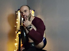 Hairy gay model striptease and cum in a vintage studio - Louis Ferdinando