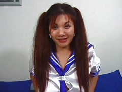 Oriental in pigtails cracked open by white cock