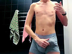 Cute guy jerks off in the shower thru undies and cums in them