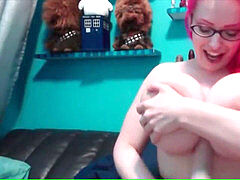 Pink haired Cute Teen with hefty mounds milks on Webcam