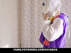 Naughty stepson tricks step-mom and step-sister with easter bunny costume