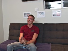 Solo casting stud with sexy body jerks his cock after interview