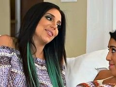 Busty stepmom sits on teen face and shows her how to scissor