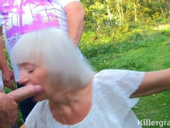 Blondine, Pik sutte, Sædskud, Bedstemor, Gruppe, Hårdt, Ældre kvinde, Udendørs