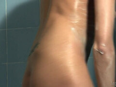 デカパイ, ブロンド, 巨乳な, 毛深い, 自然山雀, オマンコ, シャワー, オッパイの