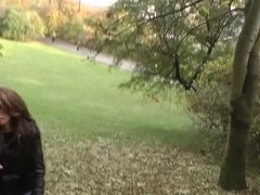 The horny bloke asked his brunette babe to suck him off in the park